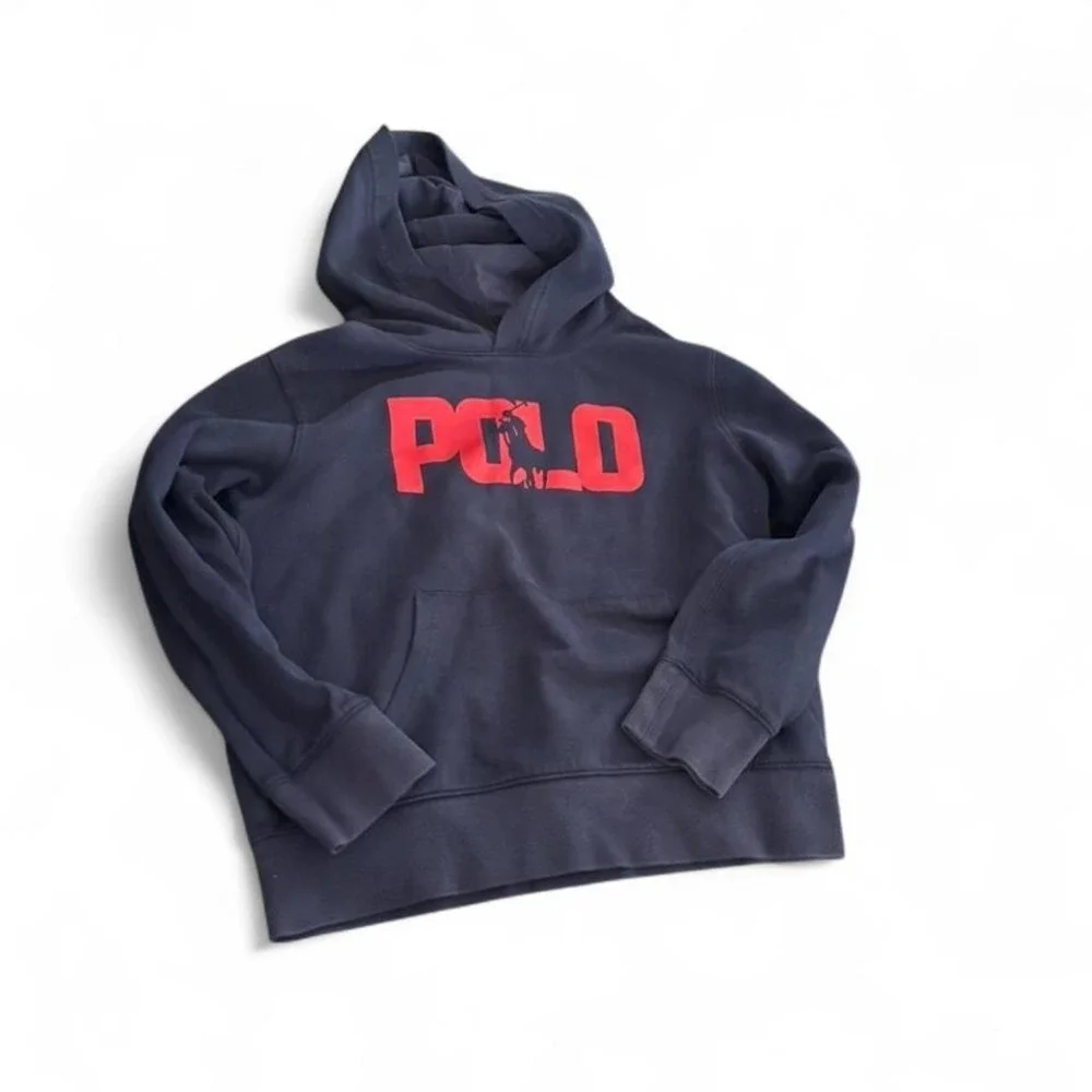Vintage Polo Ralph Lauren kids hoodie in navy blue with oversized‎ red POLO logo